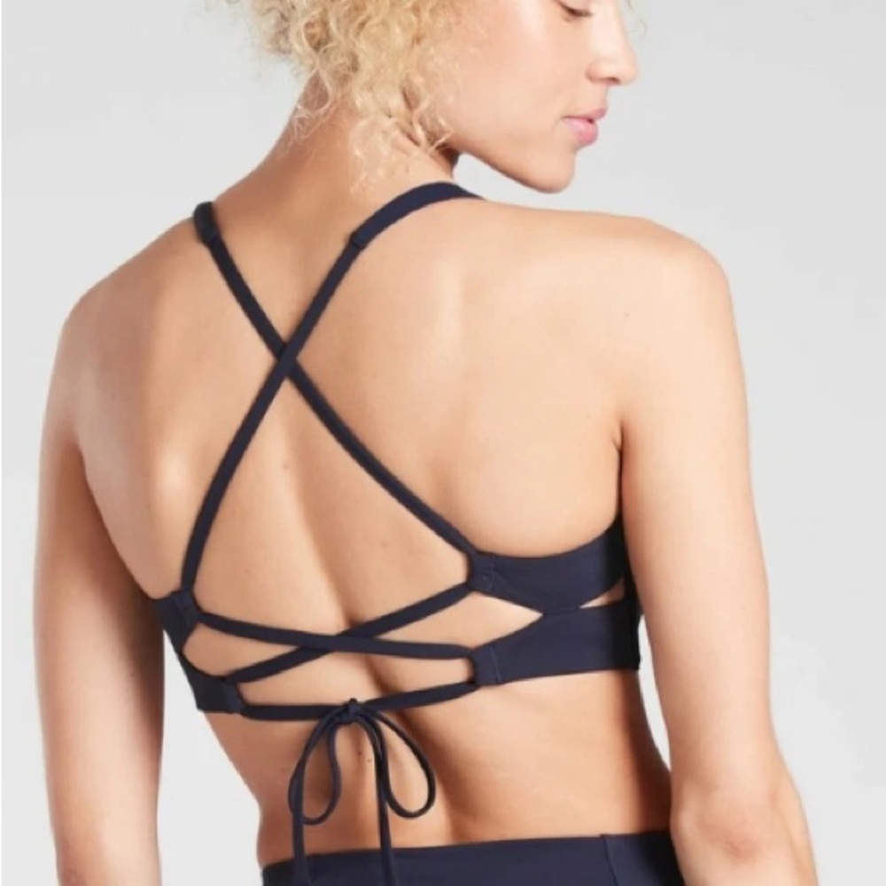 Athleta Triangle Bikini Top Strappy Back Adjustable Padded Navy Blue Size Large - Picture 2 of 8
